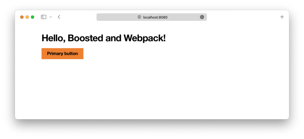 Boosted-branded webpage with the title 'Hello, Boosted and Webpack!' and an orange primary button